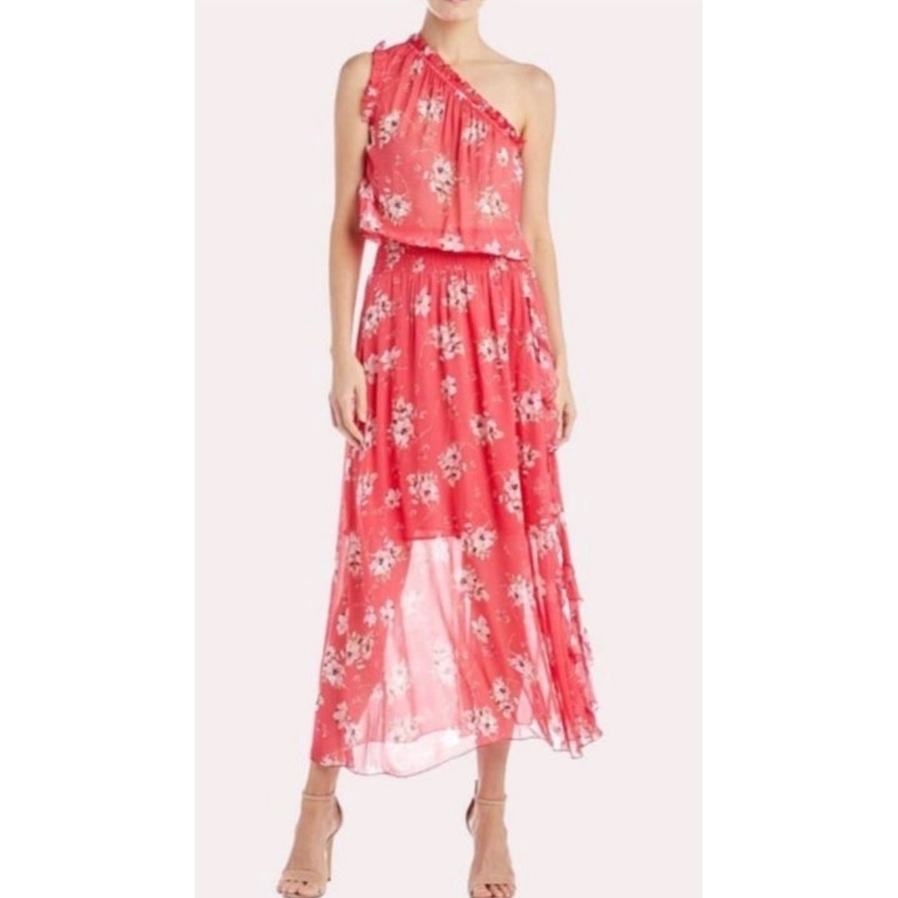 MONIQUE LHUILLIER One Shoulder Floral Ruffled Printed Sheer Bottom Midi Dress- 6